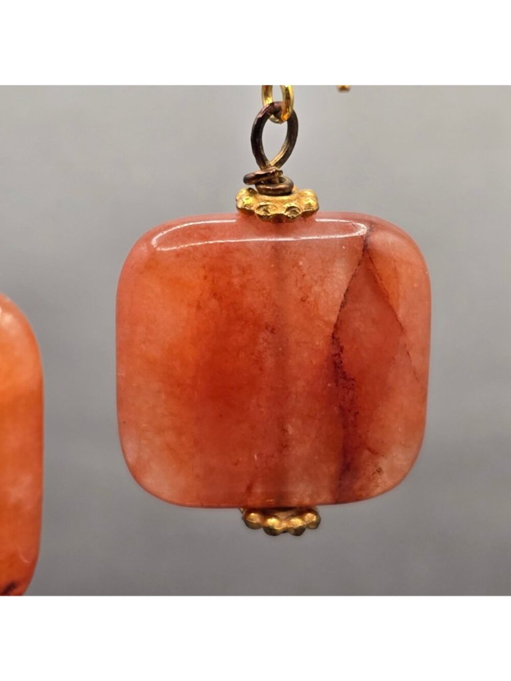 VTG Carnelian Dangle Earrings 1.75" Mixed Metal Floral Caps Bohemian Statement - Picture 4 of 13